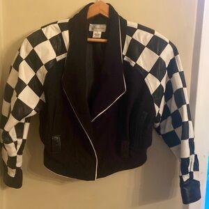 Vintage ILLUMINATI lol B&W Checkerboard Leather Jacket S 80s Shoulder Pads Rare